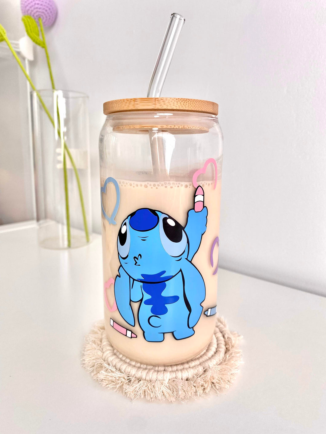 Stitch Glass Can 16+OZ | Stitch Drawing | Candy Hearts